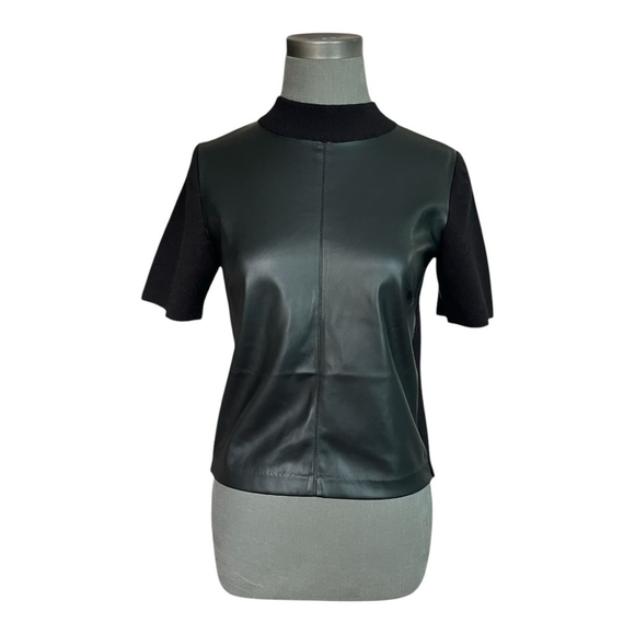 Womens Top ANN TAYLOR Black Shell Tee Leatherette Front Knit Short Sleeve Blouse - Picture 2 of 6